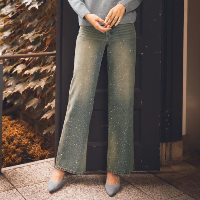 ラインストーン使い ストレート デニムパンツ サステナブル 133003