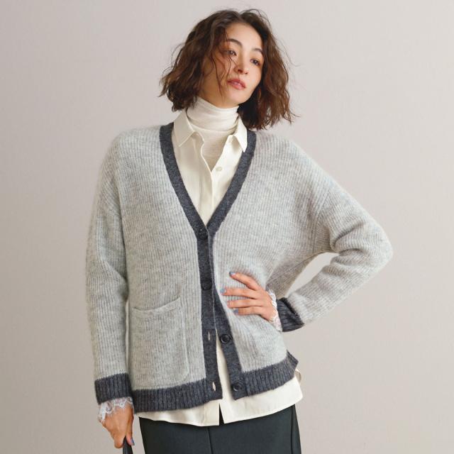 アルパカウール混ニット 片畦編み 配色 カーディガン ニット セーター ニットカーディガン 135701