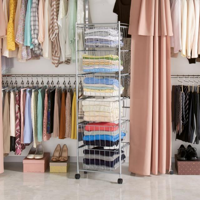 奥行53cm 上下カーテン付き突っ張り頑丈シリーズ スライドバスケット6段 衣類収納 押入れ クローゼット収納 632017