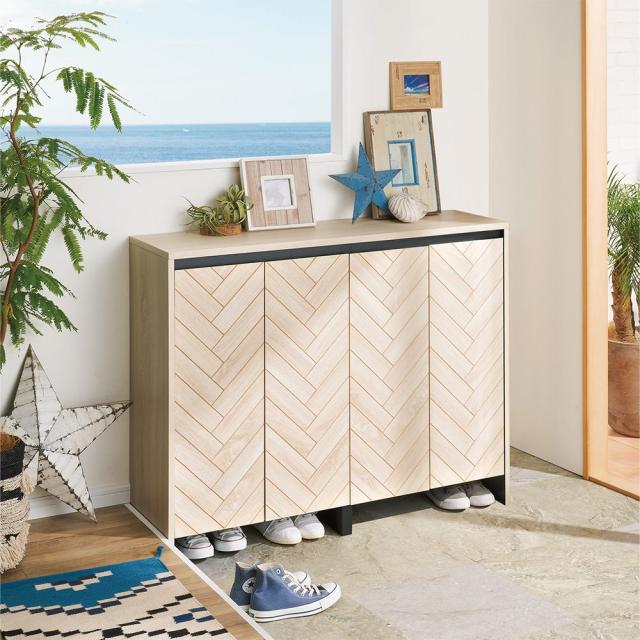 ヘリンボーン柄シューズボックス ロータイプ高さ92cm・幅116.5cm奥行35cm 下駄箱 玄関収納 シューズボックス 645222