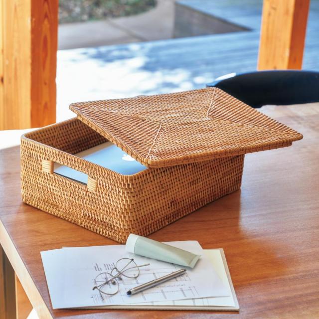 ラタン蓋つき収納ボックス 約幅40奥行30高さ15cm 小物収納 フリーボックス かご収納 660401