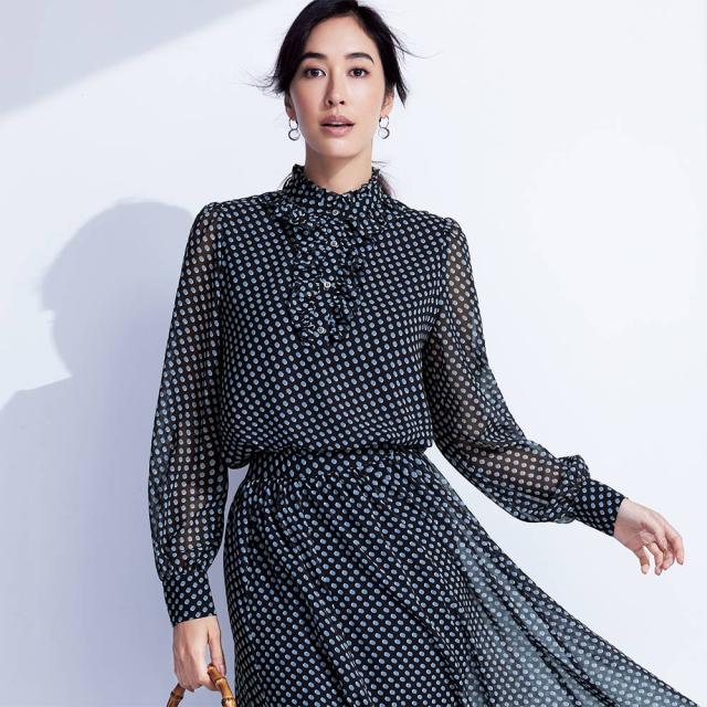 フォーマル スーツ 着物 入学式 卒業式 フォーマルスーツ ドット柄 シフォン フリル イタリア素材 ドット柄ボウタイブラウス 243902の通販は