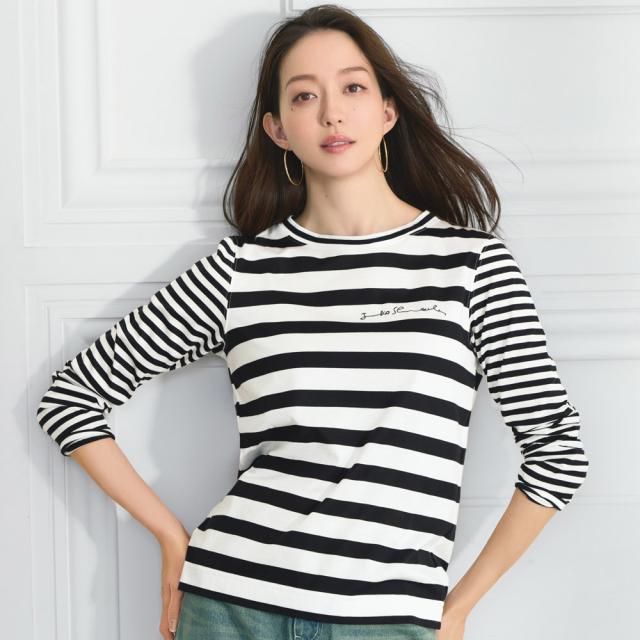 49AV．JUNKO SHIMADA/フォーティナインアヴェニュー．ジュンコ シマダ サイン刺しゅう  ボーダー 長袖Tシャツ プルオーバー 175104