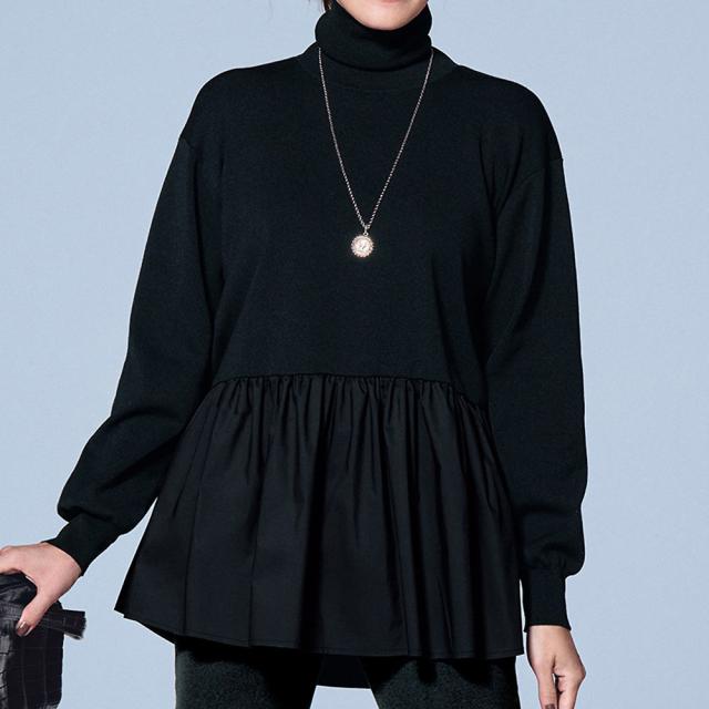 タフタ素材 ペプラム タートルネック ニットチュニック ファッション チュニック PC5572