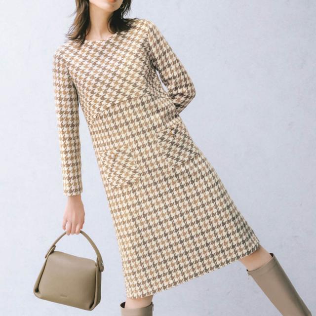 尾州産 ウール混 千鳥柄ツイードワンピース ファッション ワンピース PC5614