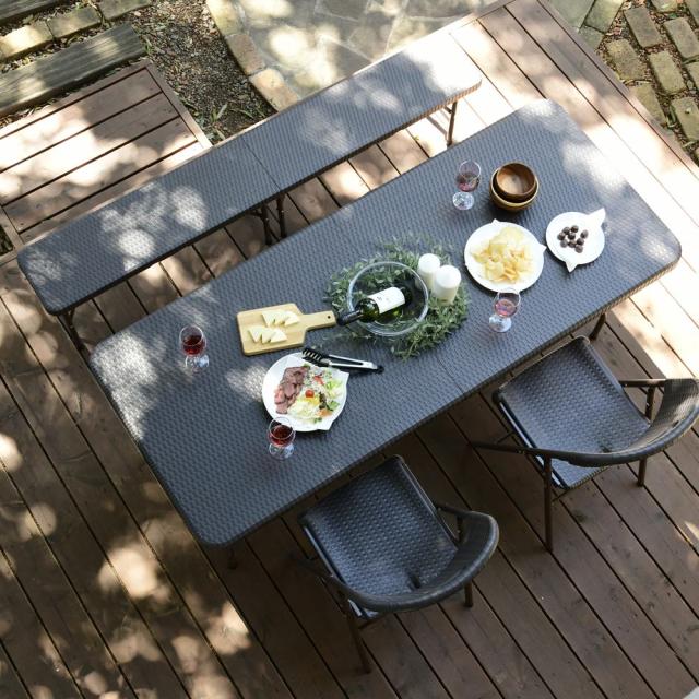 ガーデンファニチャー 折りたたみ作業台シリーズ ラタン調4点セット（テーブル＋チェア2脚＋ベンチ） G80716の通販はガーデン用チェア・ベンチ