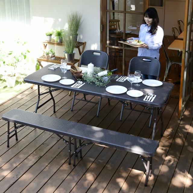 ガーデンファニチャー 折りたたみ作業台シリーズ ラタン調4点セット（テーブル＋チェア2脚＋ベンチ） G80716の通販は