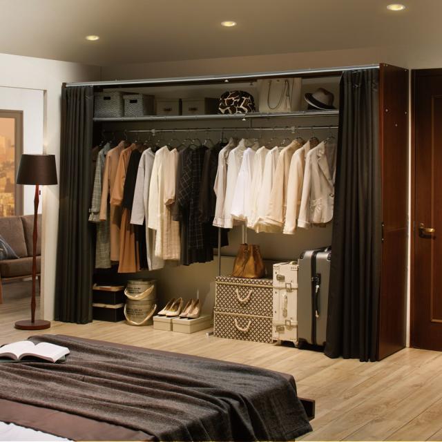 中が透けにくいカーテン付きモダンスタイルクローゼット 幅188-305cm 衣類収納 クローゼットハンガー カバー 632159