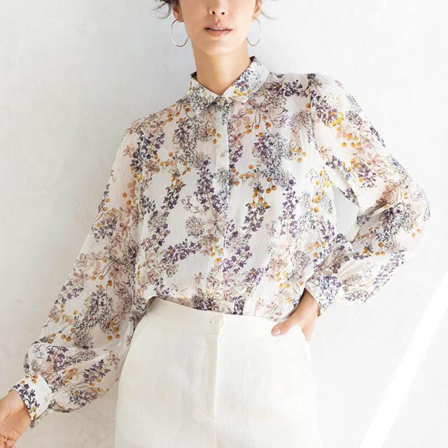 リネンシルク フラワー柄プリントブラウス ファッション シャツ ブラウス PC5531