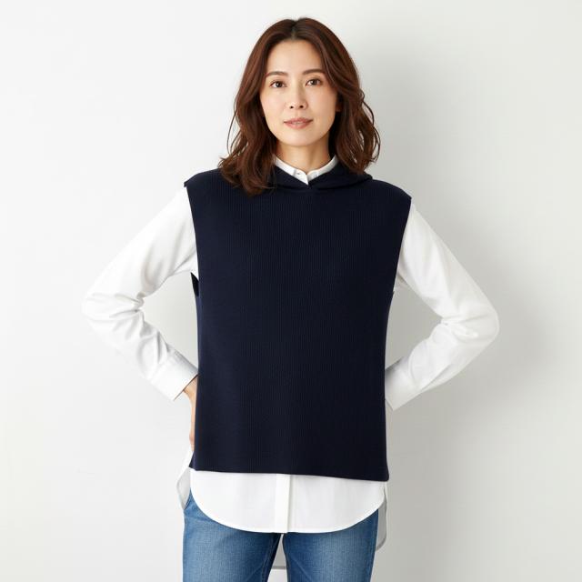 両畦編み フード付き ベスト ファッション ニット セーター PC6029