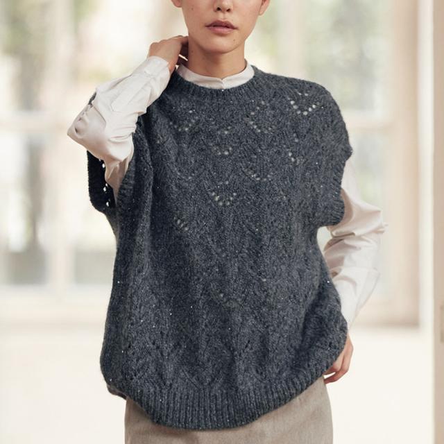 イタリア糸 スパンコール使い 透かし柄編みニットジレ ファッション ニット セーター PC5993