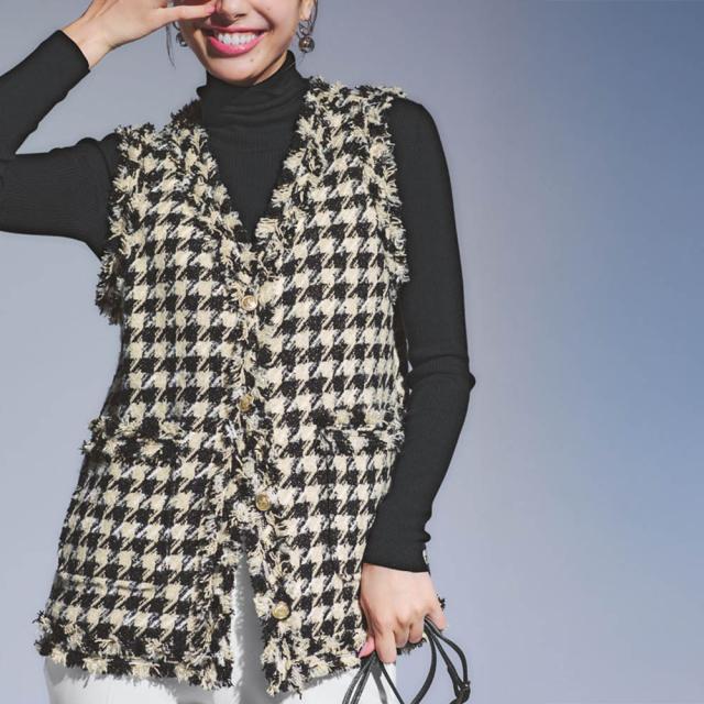 ウール混ラメ入り 千鳥柄ツイードジレ ファッション ジャケット PC6053