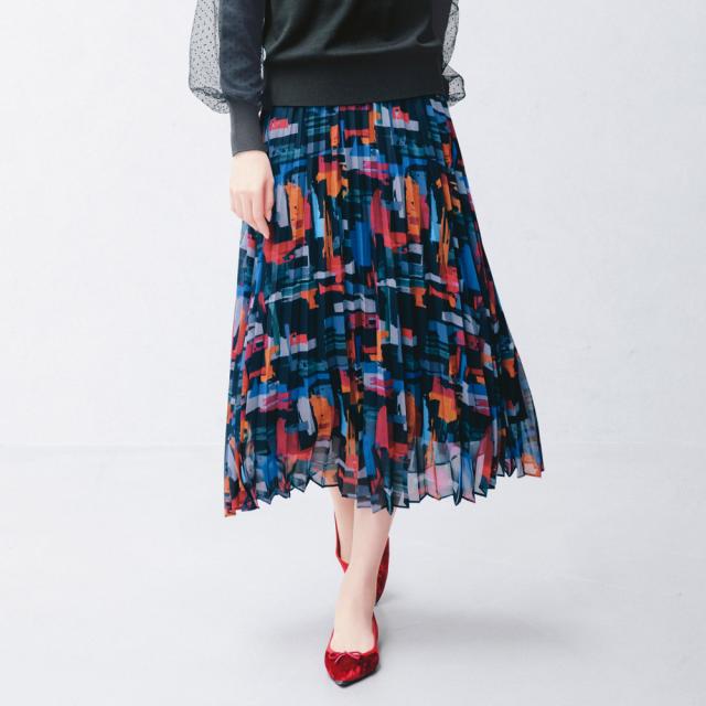 スカート プリント 柄スカート 手描き風プリント シフォンプリーツスカート 303202の通販は