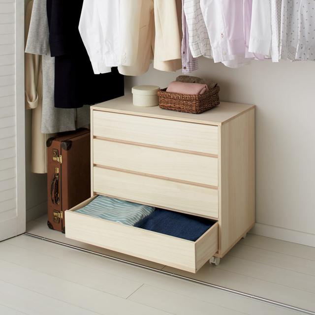 押入れ収納 総桐タンス 引出し3段4個 天然木(桐無垢材）キャスター付き