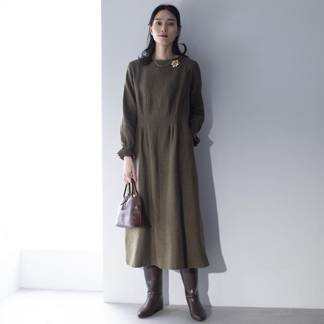 ブラッシュリネン ウエストタックワンピース ワンピース マキシワンピース ロングワンピース N60673