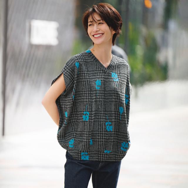 TEEE/ティー グレンチェック×花柄ジャカード コクーンプルオーバー シャツ ブラウス プルオーバー A22401