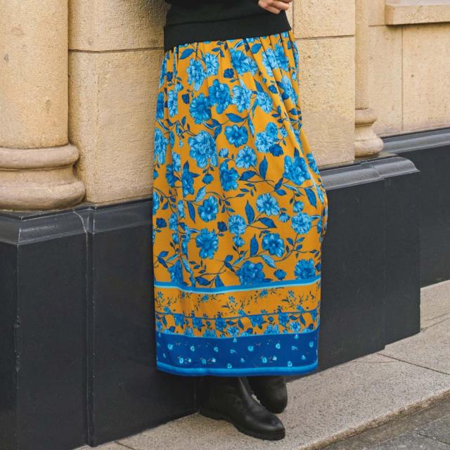 フランス素材 フラワーパネル柄プリント フレアスカート スカート プリント 柄スカート A24302