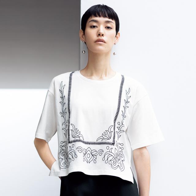 パネル刺しゅう入り Tシャツ シャツ ブラウス プルオーバー PC7134