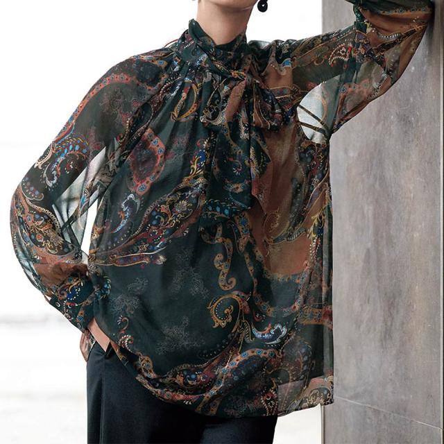 エリカ社 ペイズリー柄プリント ボウタイ ブラウス ファッション シャツ ブラウス PC5882