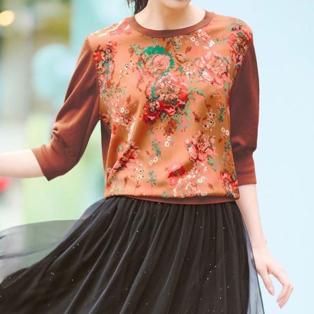 フラワープリント ドッキング ニットプルオーバー ファッション ニット セーター PC5901