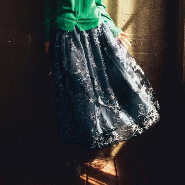 月と星柄 チュールレース ギャザースカート ファッション スカート PC5835