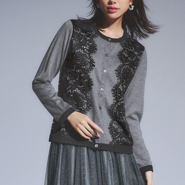 レース使いバイカラー カーディガン ファッション ニット セーター PC5844