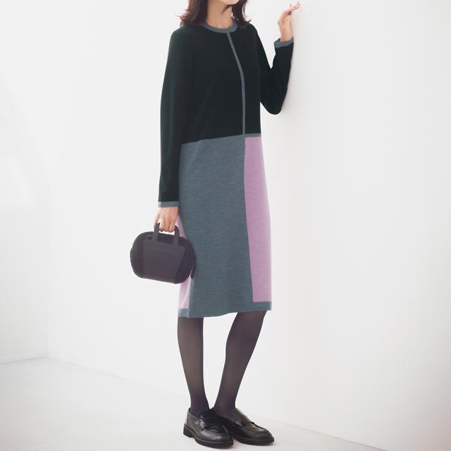 ウール混 カラーブロック 総針編み ワンピース ファッション ワンピース PC5850
