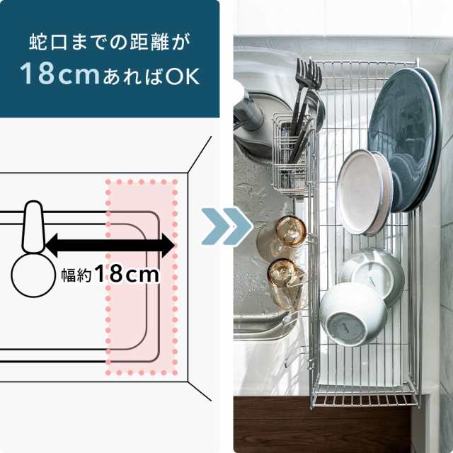 水切りかご ラック 吸水マット スリムハイ ≪フッ素加工ステンレストレー≫ 奥行58cmのシンクに渡せる水切り選べるトレー 520703の通販は