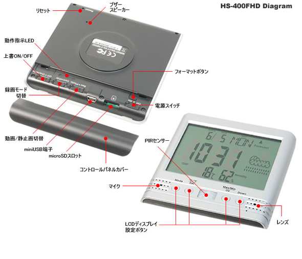 ★高品質！置時計型★スパイカメラ 小型カメラ デジタル置時計型ビデオカメラ HS-400FHD サンメカトロニクス