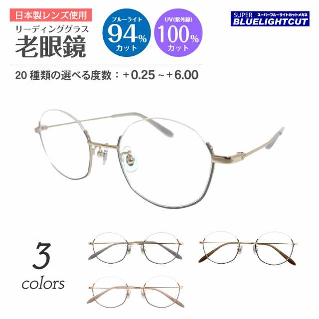 スーパーブルーライトカット 老眼鏡 ブルーライトカット 94%カット ルテイン保護 アンダーリム 逆ナイロール 多角形 ハーフリム メタル