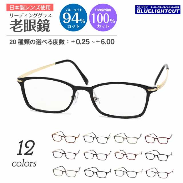 スーパーブルーライトカット 老眼鏡 ブルーライトカット 94%カット ルテイン保護 スクエア ウルテム チタン フレーム リーディンググラス