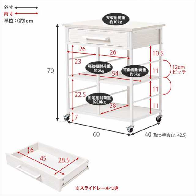 キッチンワゴン 天板付き 通販 LW-4530 キッチン ワゴン キャスター付き 引き出し付き 作業スペース 補助テーブル 可動棚 おしゃれ シン