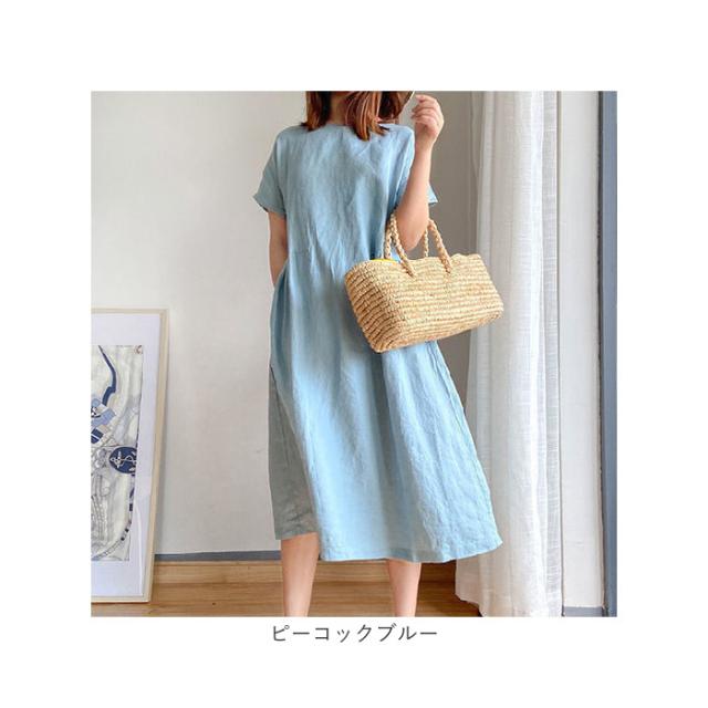 ロングワンピ リネンワンピース 半袖 裾アシンメトリー 風合いある