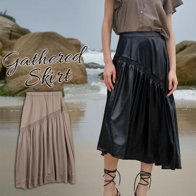 MIND レザーライクサテンギャザースカート 通販 スカート ギャザースカート ひざ丈スカート レディース ギャザー ひざ丈 膝丈 ひざ下 アシンメトリー サテンスカート 光沢 おしゃれ ブランド マインド 123S004 ボトムス レディースファッション