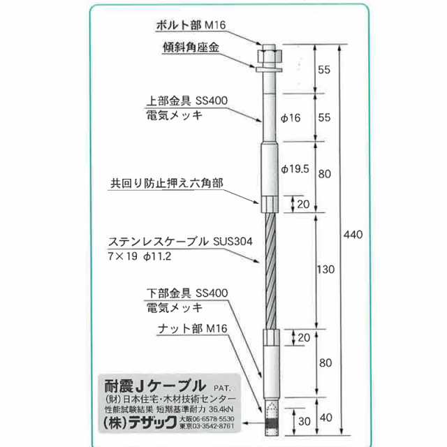 完璧 耐震Jケーブル M16用 M16×440 アンカーボルト用誤差調整金物