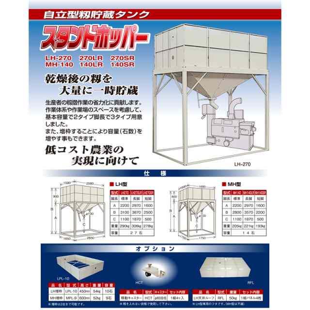 自立型籾貯蔵タンク スタンドホッパー LPL-10 オプション 笹川農機 個人宅配送不可 代引不可 - 1