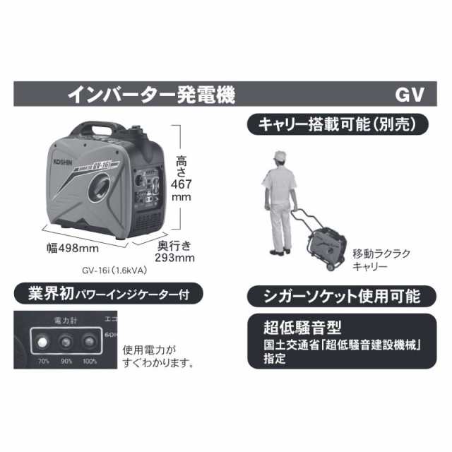 インバーター発電機 Gv 16i 定格出力1 6kva 重量 22kg 連続運転時間4h 10 5h 工進 Koshin アウトドア 防災 シb 送料無料 代引不可の通販はau Pay マーケット 株式会社プラスワイズ Au Pay マーケット店