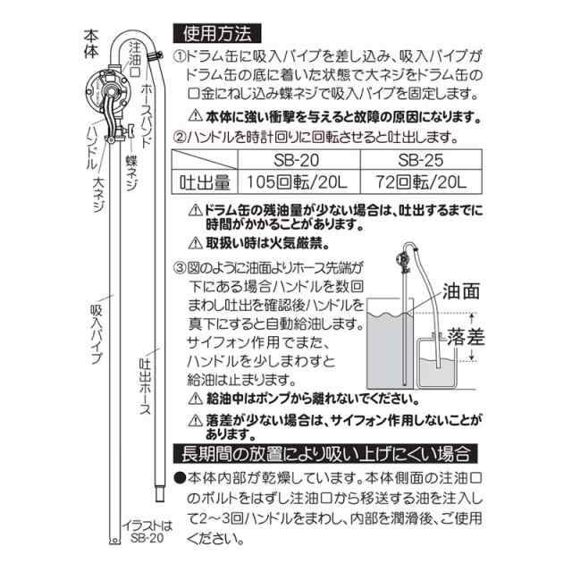 4個] 手動ドラムポンプ SB-20 吐出ホース20mm径×1100mm 105回転/20L