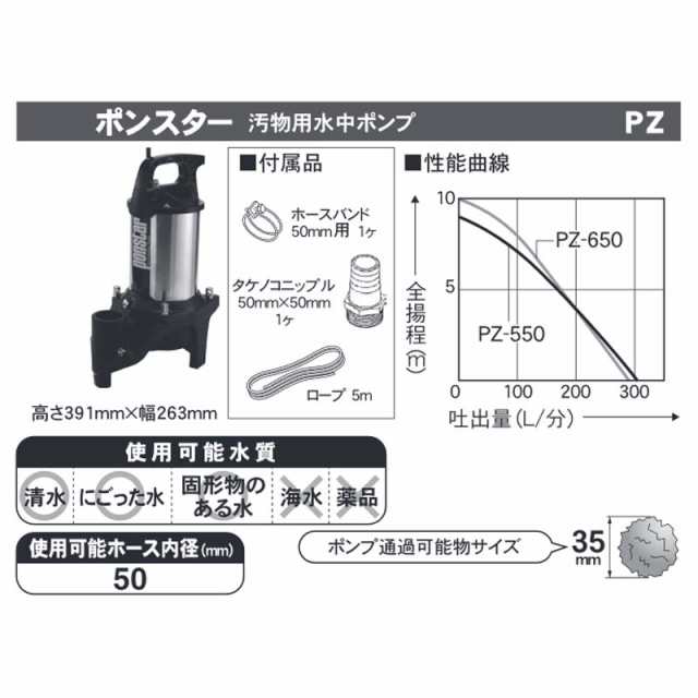 汚物用水中ポンプ ポンスター PZ-650 [60Hz] ステンレス製 口径50mm 全