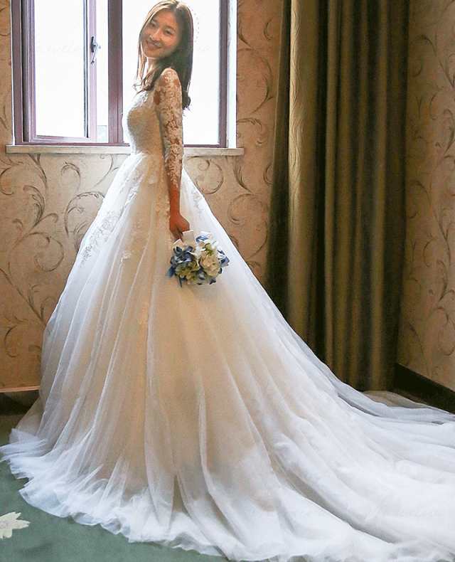 お見舞い 高品質 ヨーロッパ宮廷風 ウェディングドレス トレーン 7分袖 結婚式