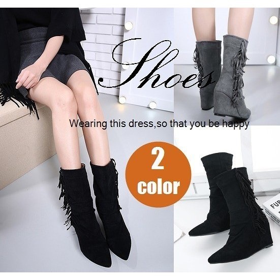ショートブーツ フリンジ付き ウエッジヒール ポインテッドトゥ スエード調 フェイクレザー カジュアルスタイル レディース 美脚の通販はau Pay マーケット 美良
