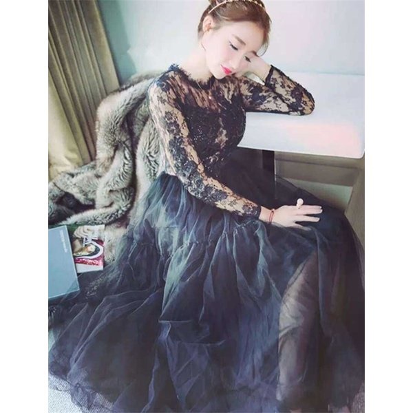 パーティードレス総レースワンピース スカート レディースインナー付き ロング丈 黒 ブラック 結婚式 二次会 春夏 長袖 可愛いの通販はau Pay マーケット 美良