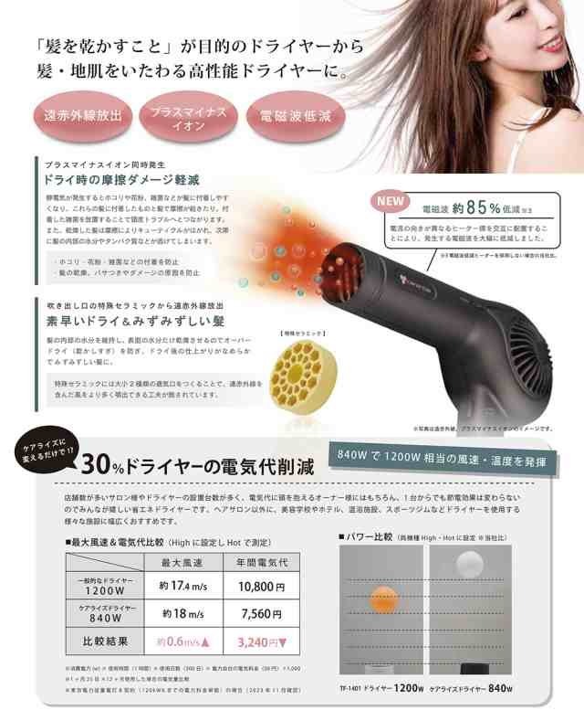 ケアライズ ヘアドライヤー TF-1208 [ 電磁波低減 プラスマイナスイオン発生 遠赤外線 電気代削減 強 風速 高温度 ] 送料無料 carerise A