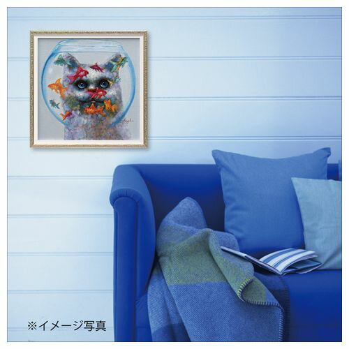 取寄品 送料無料 アートポスター 額付 動物画 オイル ペイント アート キャットアンドフィッシュ S インテリアグッ_1