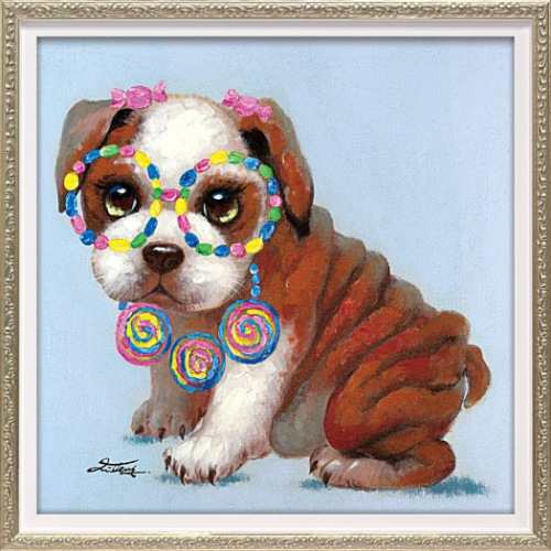 オイルペイントアート 動物画 ロリポップ パピー (Sサイズ) OP-07037 油絵 額付き 犬 かわいい インテリア 取寄品 送料無料のサムネイル