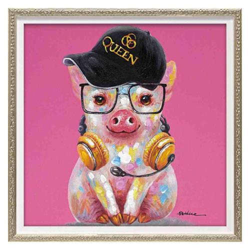 動物画 オイル ペイント アート Sサイズ ピッグ クイーン ギフト 額付き インテリア 取寄品