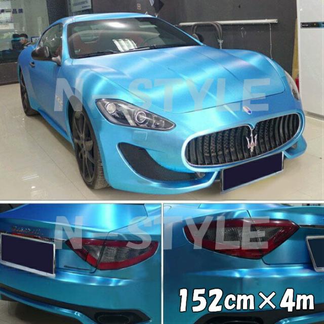 カーラッピングシート アイスブラッシュ 152cm×4m スカイブルー ヘアラインブラッシュド マットクローム アルミ削り出し調 伸縮裏溝付