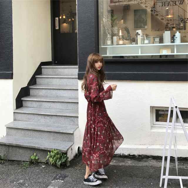 秋服 ワンピース レディース 小花柄 フレアスカート 長袖 大きいサイズ