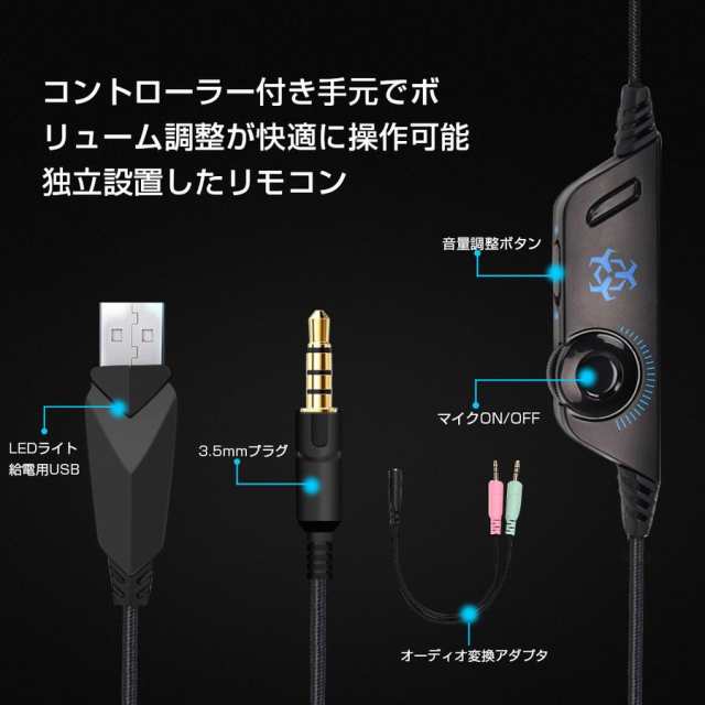 ゲーミングヘッドセット ヘッドホン 高音質重低音 マイク付き ゲーム用 音声チャット Pc Usb Led点灯 任天堂 Switch Ps4 Skypeの通販はau Pay マーケット Dukkore