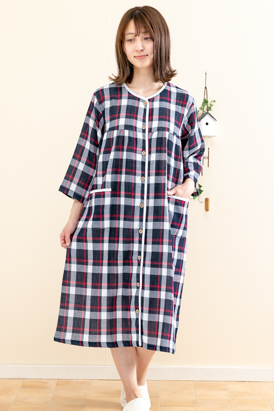 肌にやさしい綿100 楊柳ガーゼ楊柳チェック 前開き長袖ワンピース 七分袖 春 初夏向き ネグリジェ ナイトウェア ルームウェア の通販はau Pay マーケット 部屋着の時間